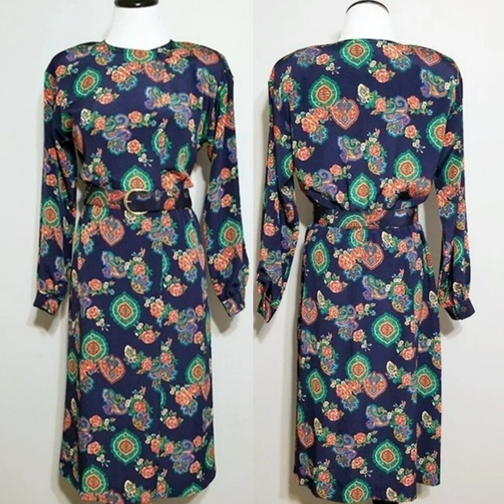 Vintage 80s Liz Claiborne Jewel Tone Paisley Dress Pockets 4P Office Siren Midi
